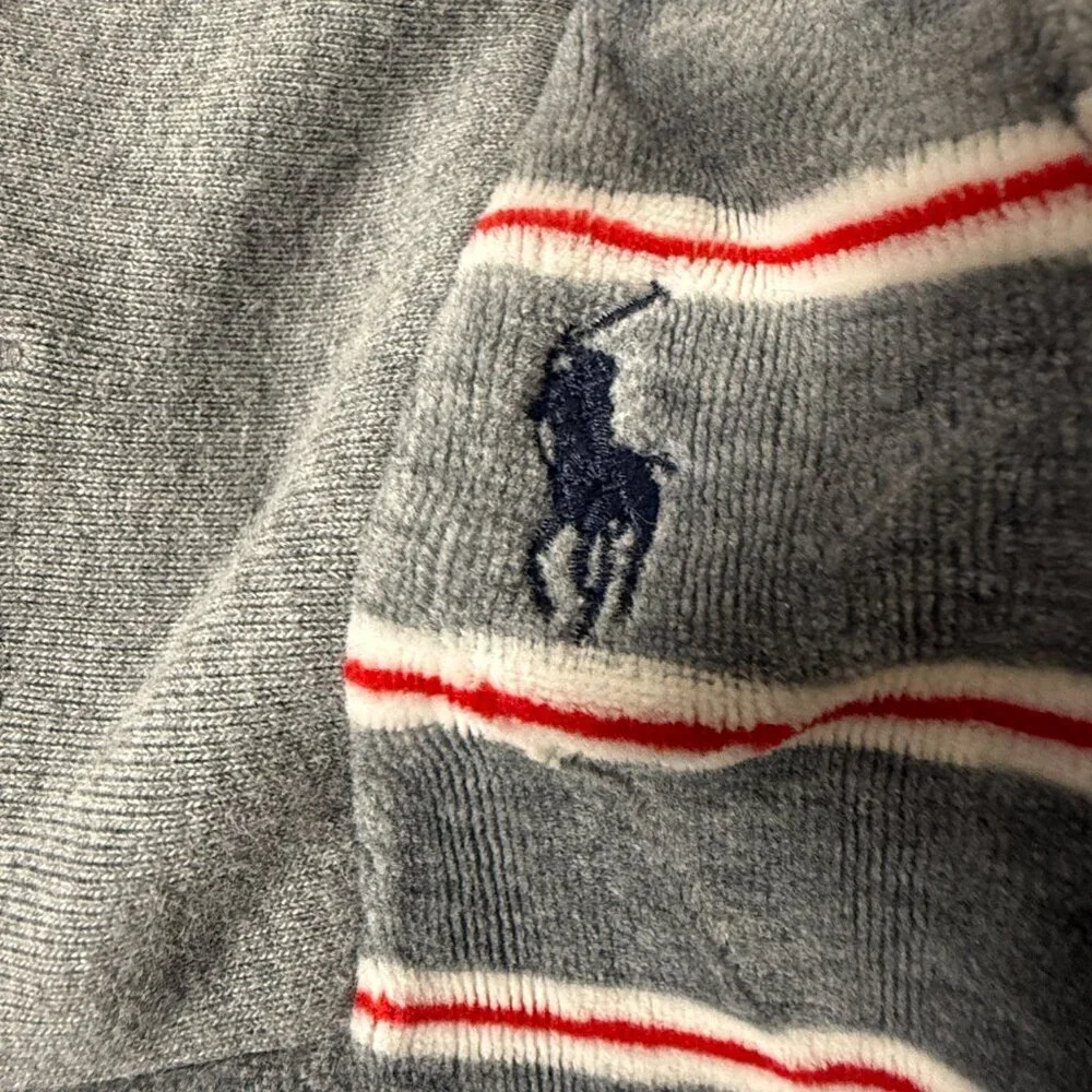 Ralph Lauren Infant Velour Sleeper Gray with White & Red Stripes 3 Months